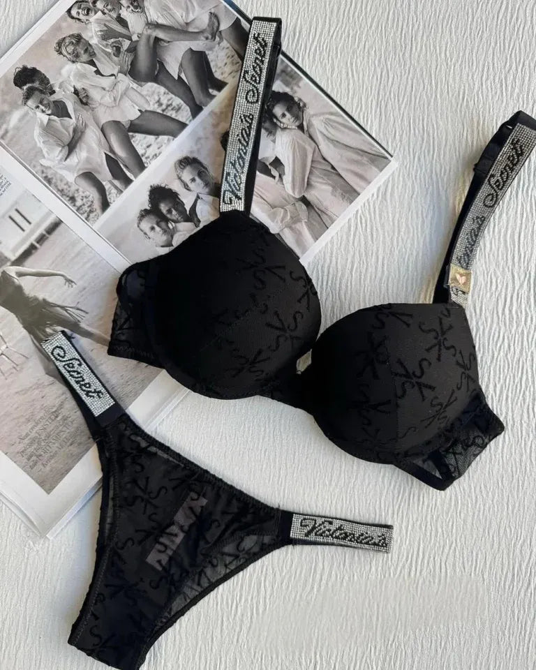 Black with rhinestone logo straps Set | Victoria's Secret